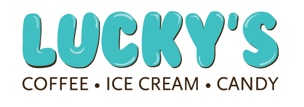 The name "Lucky's" in bubbly blue wording. In standard black text, "Coffee. .Ice Cream. Candy"